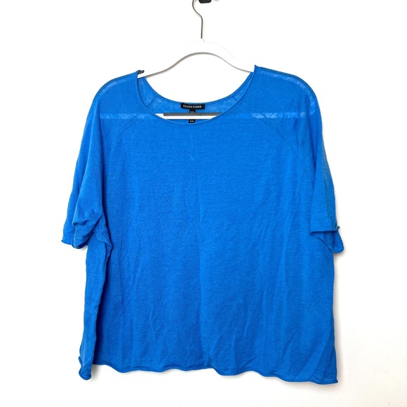 Eileen‎ Fisher XL Organic Linen Cotton Jewel Neck Top Boxy Blue Knit Tee NWOT - Picture 2 of 6
